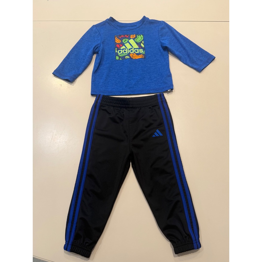 Adidas Toddler Boys Blue Long Sleeve Graphic Tee and Black Track Pants Set 18M